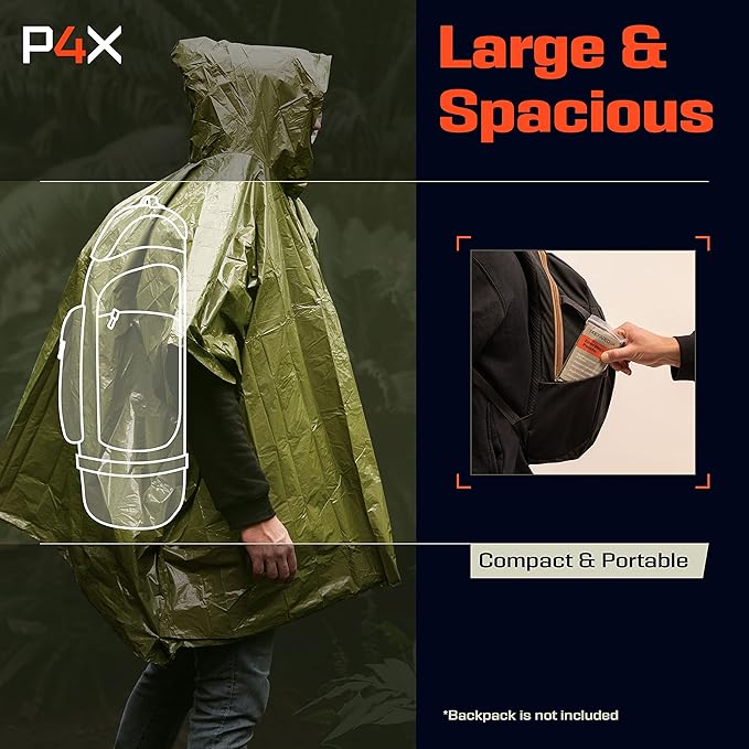 PREPARED4X Emergency Poncho and Mylar Blanket Liner - Waterproof, Wind-Resistant Outdoor Rain