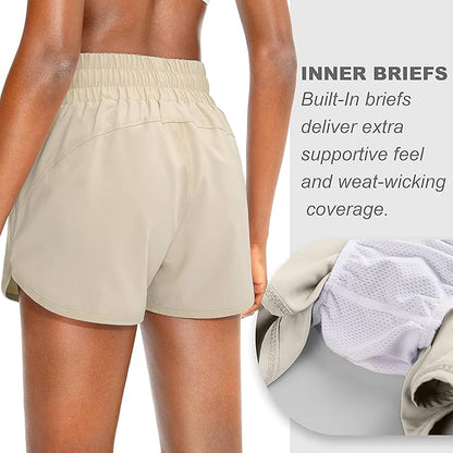 SANTINY Women's Running Shorts with Zip Pockets High Waisted Athletic Workout Gym Shorts for Women