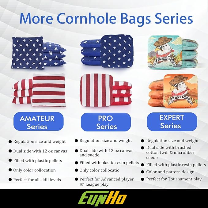 EunHo Dual Sided Cornhole Bags Regulation Set of 8 Professional Cornhole Bean Bags Slick and Stick