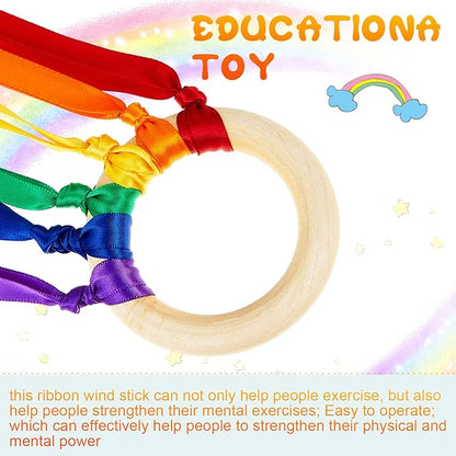 Junkin Ribbon Rings Hand Kite Waldorf Toys Dancing Wrist Ribbons Rainbow Streamers with Wood Ring