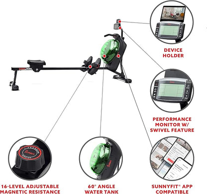 Sunny Health & Fitness Elite Water Rowing Machine with High Dynamic Resistance Vertical Tank