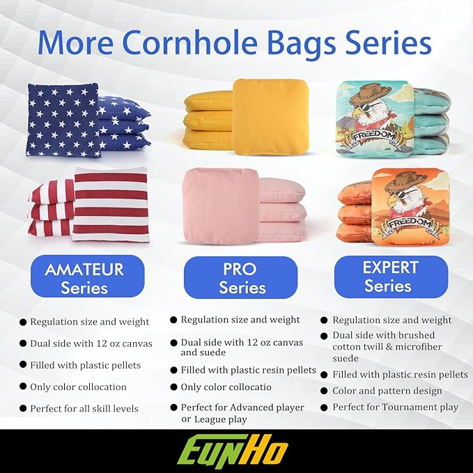 EunHo Dual Sided Cornhole Bags Regulation Set of 8 Professional Cornhole Bean Bags Slick and Stick