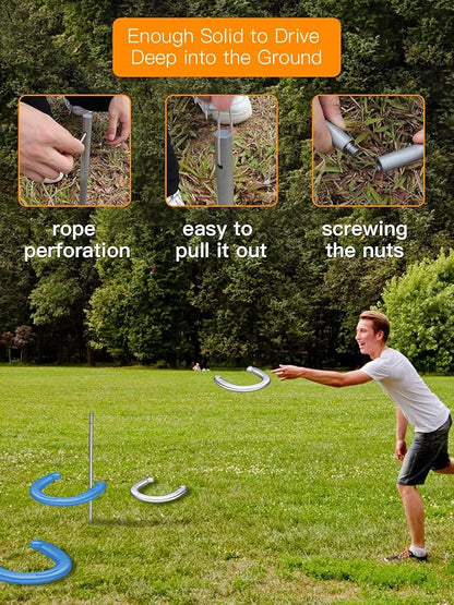 NQV Horseshoe Outdoor Game Set ?“Horse Shoe Game Kit,Sports Horseshoes Sets, Includes 4 Steel