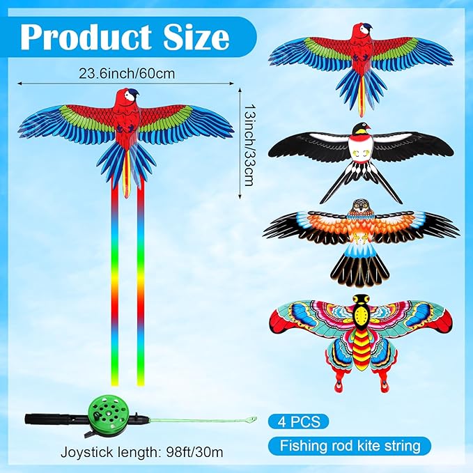 4Pcs Large Fishing Rod Kite for Kid Adults 23.62 Inch Vivid Swallow Parrot Phoenix Butterfly Kite
