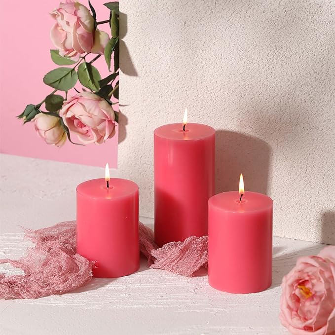 3x6 Inch Pink Pillar Candles Set of 3 - Decorative Unscented Pillar Candle, Long Burning Dripless