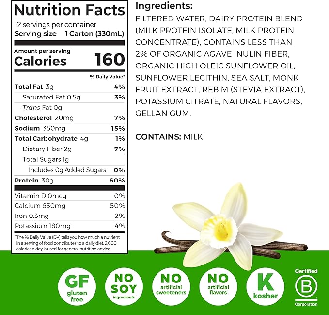 Orgain 30g High Protein Shake, Dairy Isolate Milk Protein, Vanilla Bean, 5g BCAAs, 1g Sugar Per