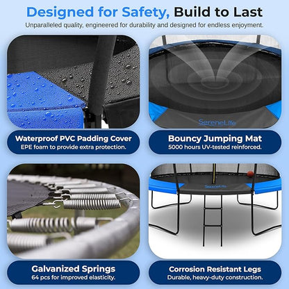 SereneLife 8FT 10FT 12FT 14FT Outdoor Trampoline for Kids - Recreational Backyard Trampoline with