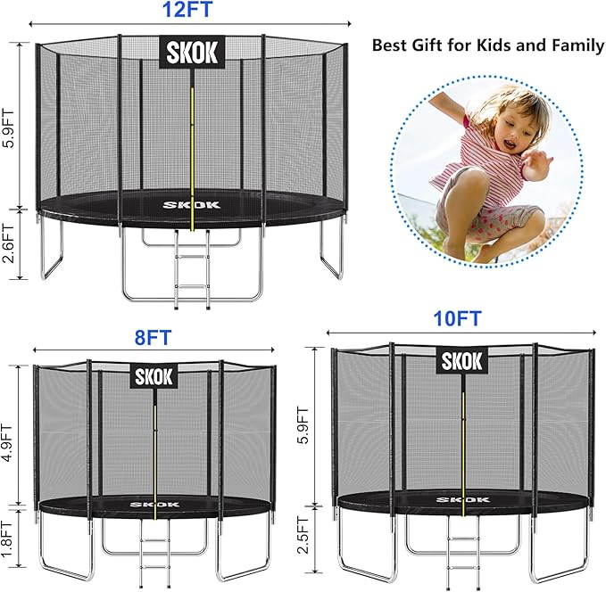 SKOK Trampoline 8FT 10FT 12FT 14FT 15FT Trampolines with Enclosure Net, 400LBS Outdoor Trampolines