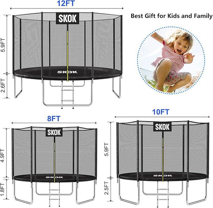 SKOK Trampoline 8FT 10FT 12FT 14FT 15FT Trampolines with Enclosure Net, 400LBS Outdoor Trampolines