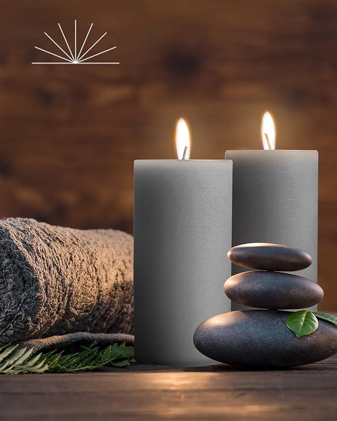 Mottled Pillar Candles by Bask - Set of 6-3" x 6" Dripless Unscented Candles in Grey for Home