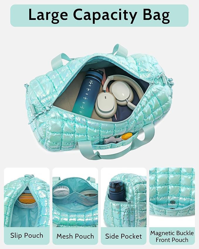 Quilted Duffel Bag for Women, Puffer Gym Duffle Bag with Shoe Compartment Lightweight Large
