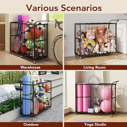 Ball Storage Bin Rolling Sports Ball Cart, Metal Garage Organizer Sport Rack, Ball Basket Storage