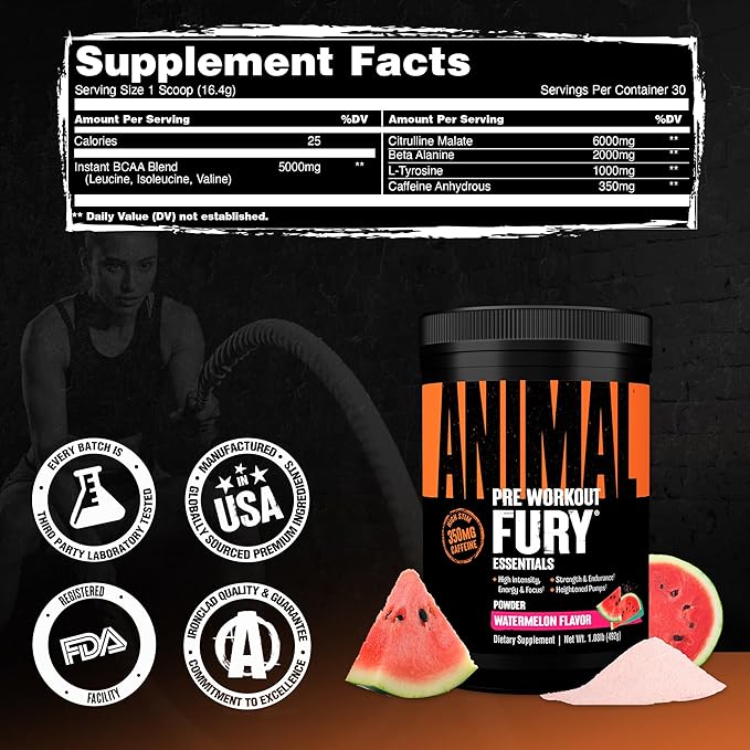 Animal Fury Pre Workout Powder Supplement for Energy and Focus 5g BCAA 350mg Caffeine Nitric Oxide