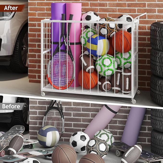 Ball Storage Bin Rolling Sports Ball Cart, Metal Garage Organizer Sport Rack, Ball Basket Storage