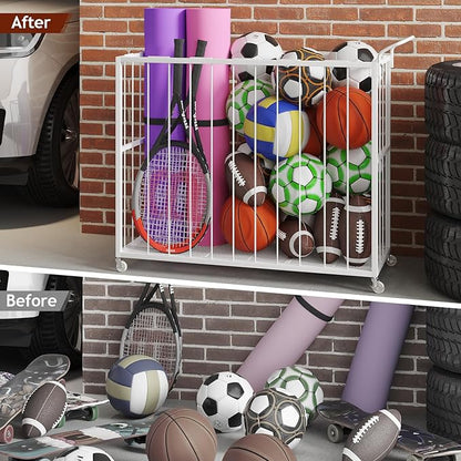 Ball Storage Bin Rolling Sports Ball Cart, Metal Garage Organizer Sport Rack, Ball Basket Storage