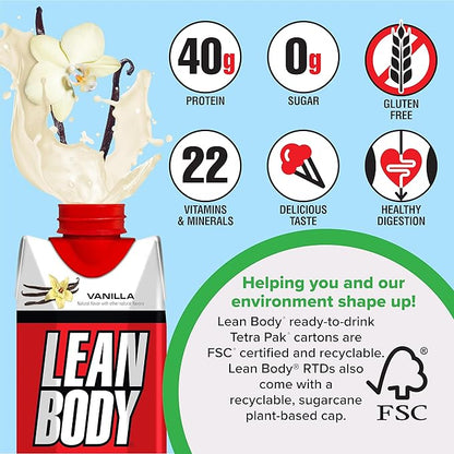 Lean Body Ready-to-Drink Vanilla Protein Shake, 40g Protein, Whey Blend, 0 Sugar, Gluten Free, 22