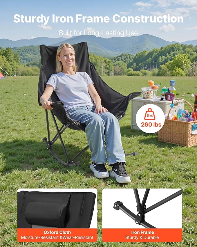 VEVOR Rocking Camping Chair, Portable Folding Rocker, Heavy-Duty Lawn Chair Recliner with Cupholder