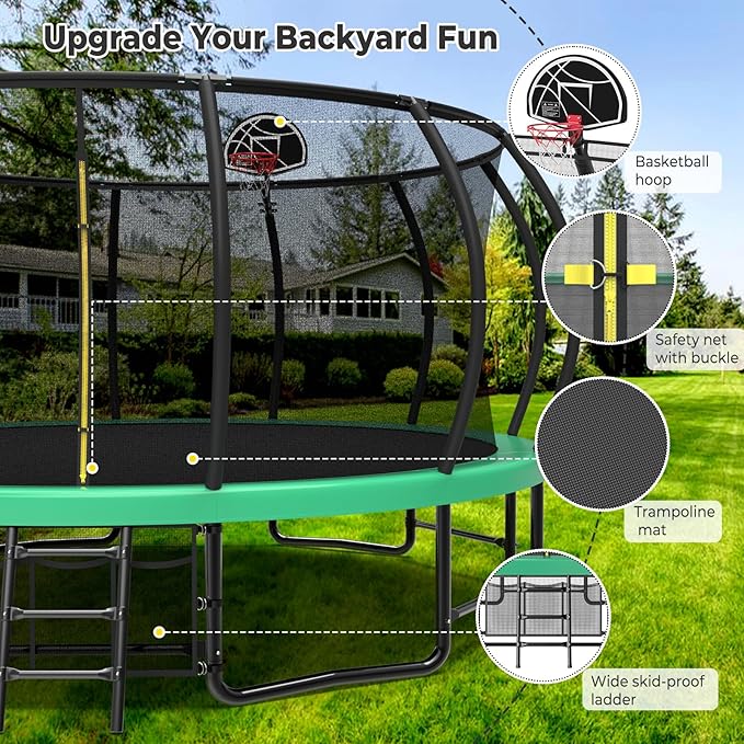12 14 15 16FT Outdoor Trampolines for Kids and Adults, Pumpkin Trampolin with Curved Poles