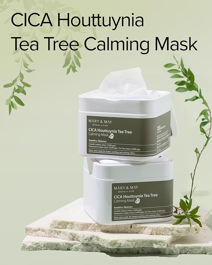 Mary&May CICA Houttuynia Tea Tree Calming Mask - Daily Pull Out Sheet Mask for Instant Soothing &