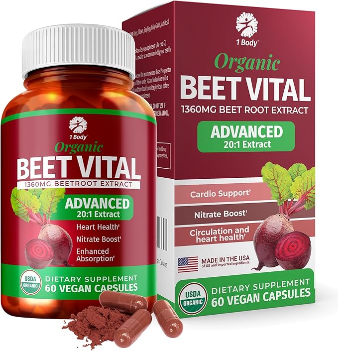 1 Body Beet Vital, Organic Beetroot Supplements for Circulation, Energy, & Stamina, Nitric Oxide