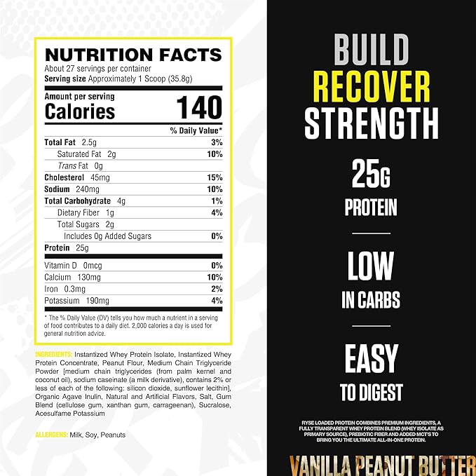 RYSE Loaded Protein Powder - Vanilla Peanut Butter - 25g Whey Protein Isolate & Concentrate with