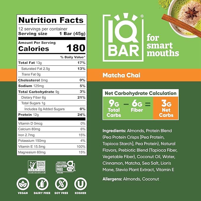 IQBAR Brain and Body Plant Protein Bars - Matcha Chai - 36-Count Low Carb - Gluten Free, High