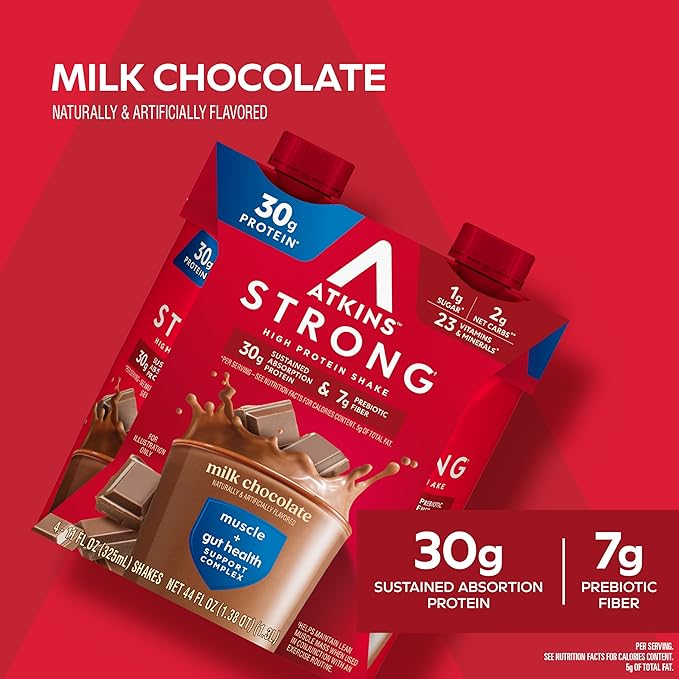 Atkins Strong High Protein Shake, Milk Chocolate Flavored, 30g Protein, Low Carb and Low Sugar