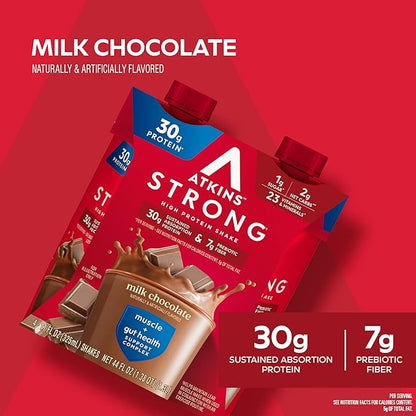 Atkins Strong High Protein Shake, Milk Chocolate Flavored, 30g Protein, Low Carb and Low Sugar