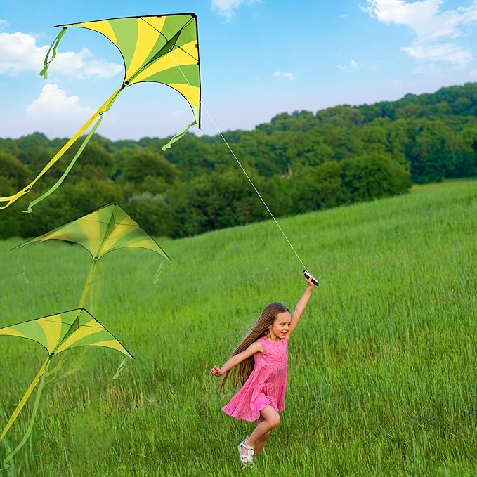 JOYIN 3 Packs Large Delta Kite Green, Blue and Rainbow, Easy to Fly for Kids with 262.5 ft String