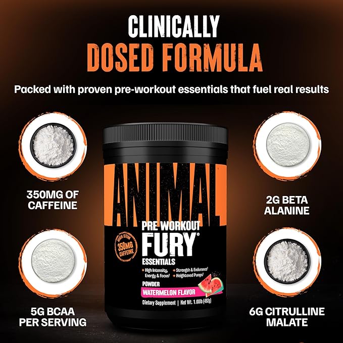 Animal Fury Pre Workout Powder Supplement for Energy and Focus 5g BCAA 350mg Caffeine Nitric Oxide