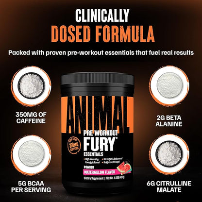 Animal Fury Pre Workout Powder Supplement for Energy and Focus 5g BCAA 350mg Caffeine Nitric Oxide