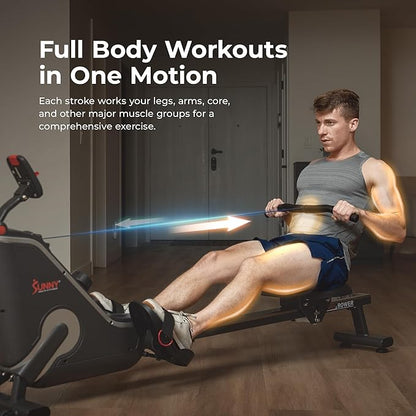 Sunny Health & Fitness Flip & Foldable Rowing Machine for Home w/Extended Slide Rail, Full-Body