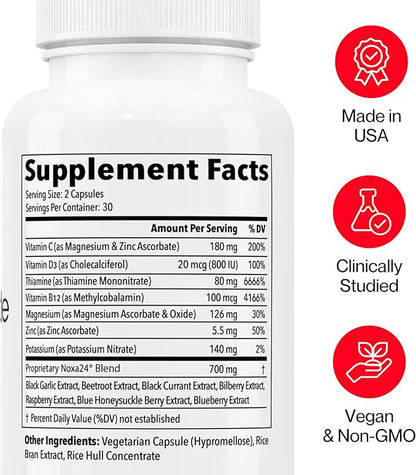 Nitric Oxide Booster Supplement with Magnesium, Zinc, Vitamin B12, Vitamin C & Vitamin D3 | 24-Hour