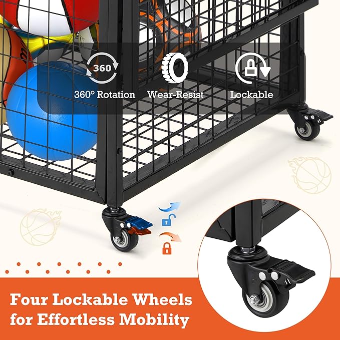 AECOJOY Ball Cart Storage, Rolling Basketball Bin with Wheels for Garage, School, Gym, Sports
