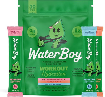 Waterboy Workout Hydration | 2,960mg Sugar Free Electrolyte Powder Packets | L-Glutamine + Vitamins