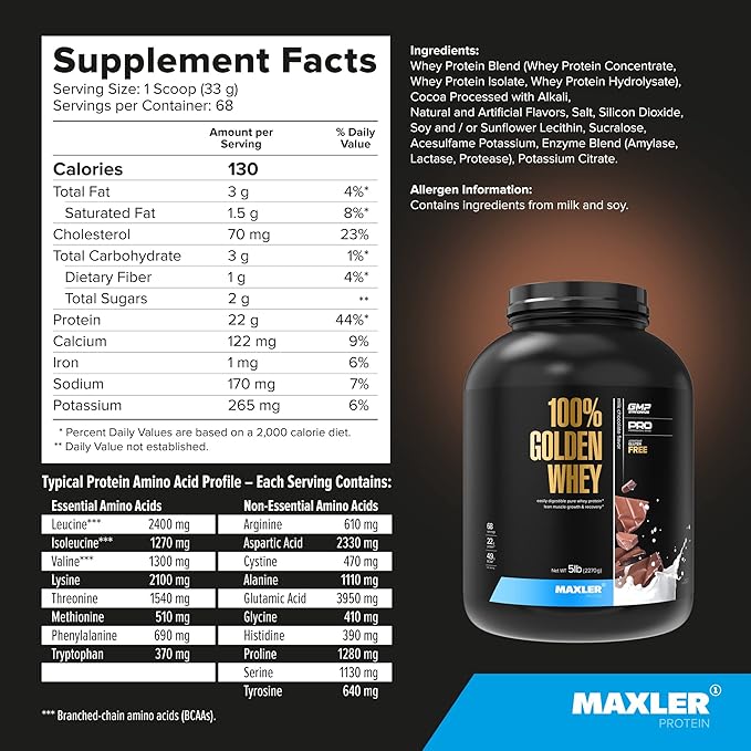 Maxler 100% Golden Whey Protein - 22g Protein per Serving - Premium Whey Protein Powder for Pre