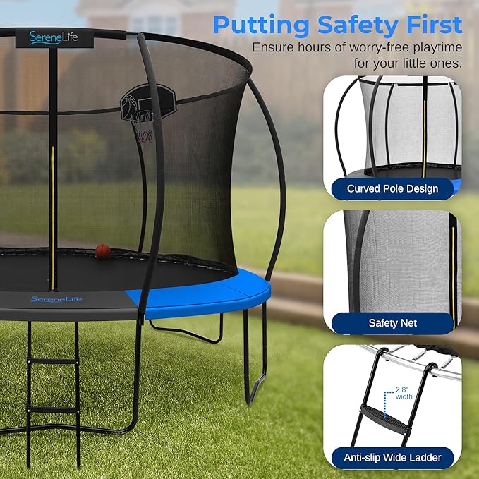 SereneLife 8FT 10FT 12FT 14FT Outdoor Trampoline for Kids - Recreational Backyard Trampoline with
