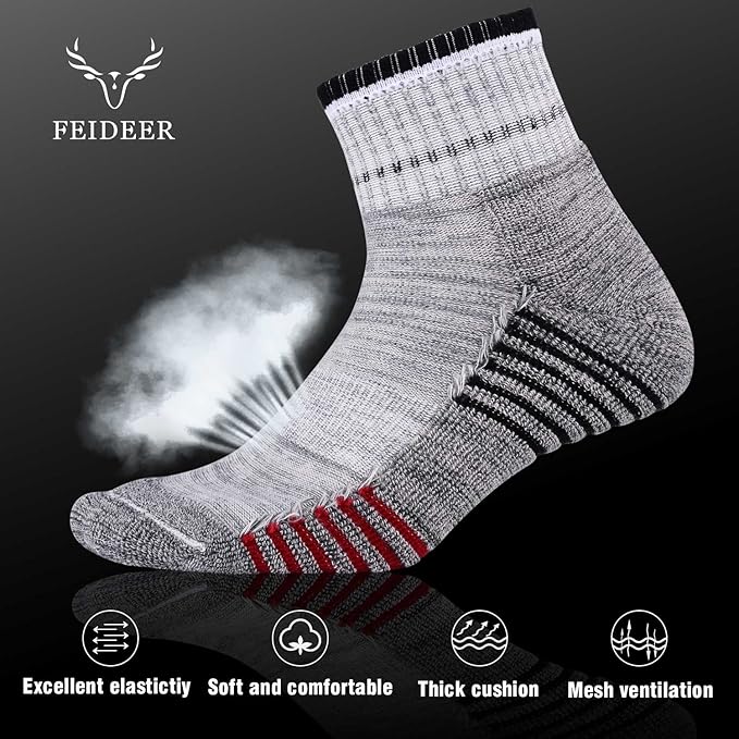 FEIDEER Men's Walking Hiking Socks, Wicking Cushion Quarter Crew Socks for Mens Outdoor Sports