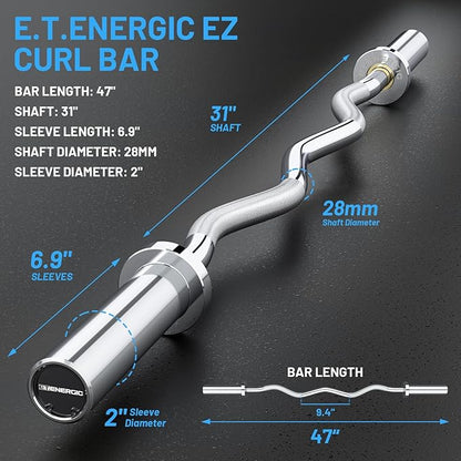 47" Olympic EZ Curl Bar 500-lbs Capacity Steel Barbell Suitable for 2" Weight Plates, 2-Inch Curl