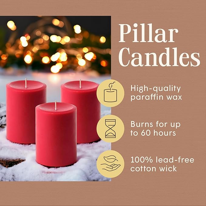 Mister Candle Dripless Unscented Pillar Candles, Set of 3 Hand Poured Solid Color Non-Scented
