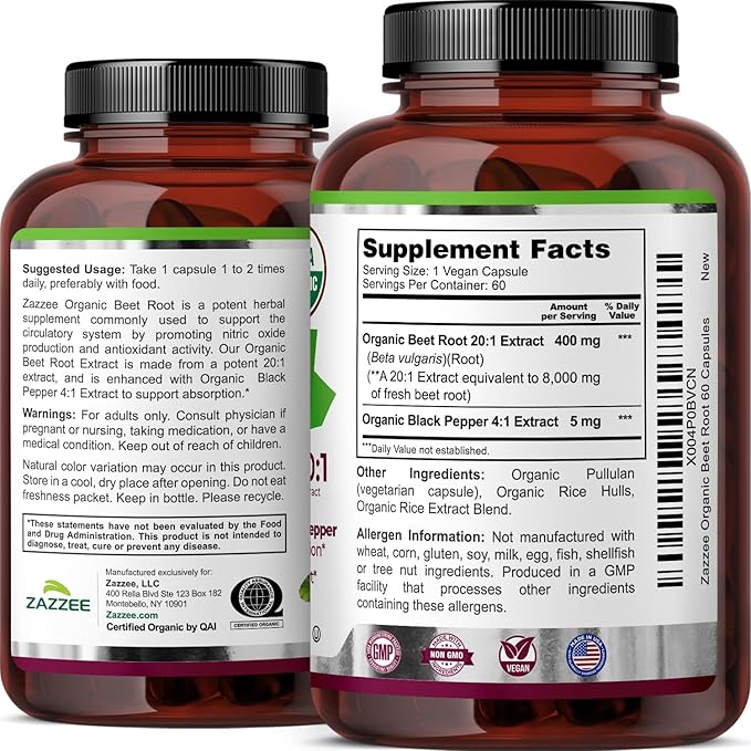 Zazzee USDA Organic Beet Root 8000 mg Strength 20:1 Extract, 60 Vegan Quick Release Capsules, Black