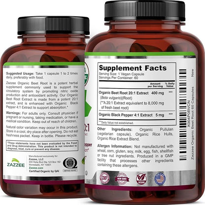 Zazzee USDA Organic Beet Root 8000 mg Strength 20:1 Extract, 60 Vegan Quick Release Capsules, Black
