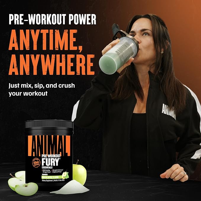 Animal Fury Pre Workout Powder - Green Apple, 350mg Caffeine, BCAA Amino Acids, 2g Beta Alanine
