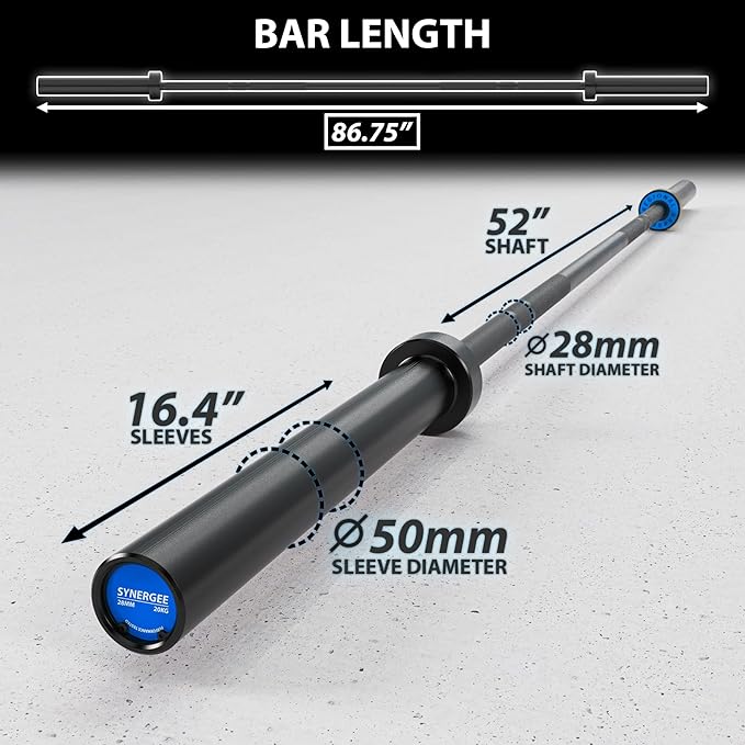 Synergee Regional Olympic 20kg Men’s and 15kg Women’s Hard Chrome & Black Phosphate Barbells. Rated