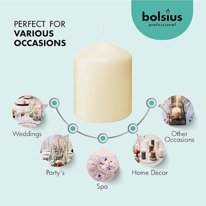 BOLSIUS 6 Ivory Pillar Candles Bulk - 3x4 Inches Candle Set - 40+ Hours Clean Burning - No Palm Oil