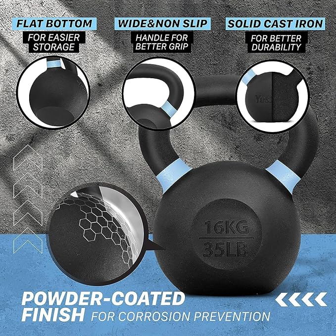 Yes4All Kettlebell, Heavy Duty Powder Coated Cast Iron Kettlebells, Non-Slip Handle & Flat Bottom