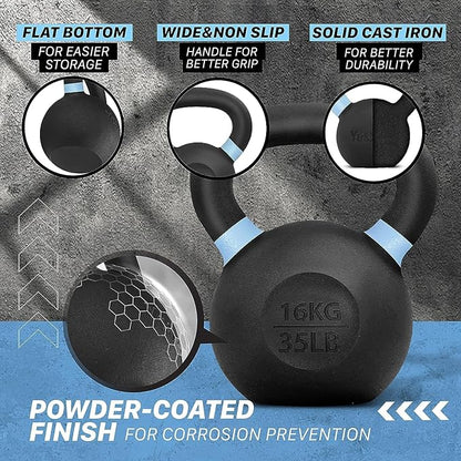 Yes4All Kettlebell, Heavy Duty Powder Coated Cast Iron Kettlebells, Non-Slip Handle & Flat Bottom