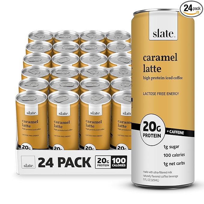 Slate Milk - High Protein Iced Coffee - Caramel Latte - 175mg Caffeine, Lactose Free Energy - 20g
