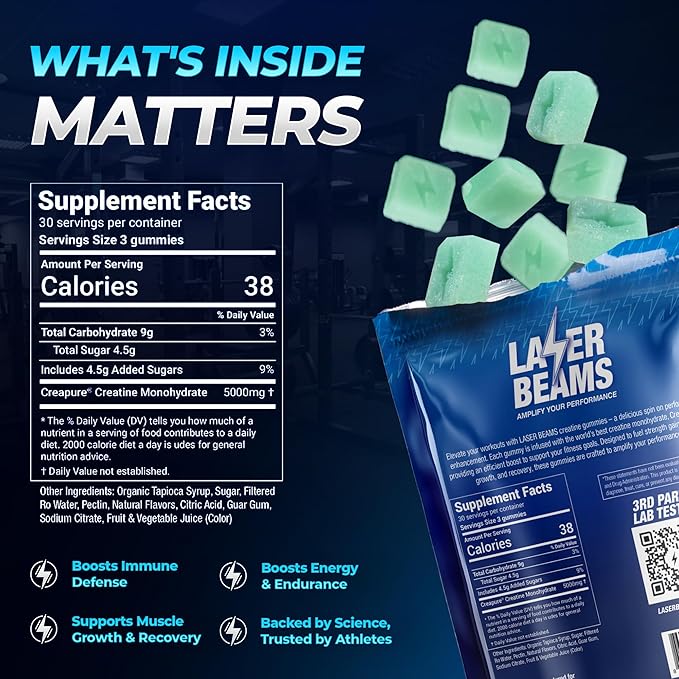 Creatine Monohydrate Gummies for Women & Men- 5g Creapure Creatine per Serving - Vegan, Blue