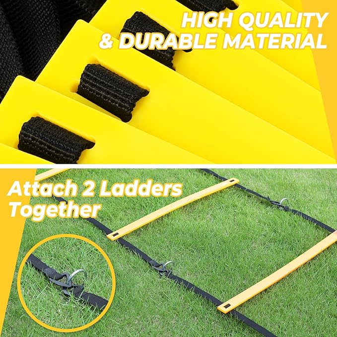 GHB Pro Agility Ladder Soccer Kick Trainer Set 20ft 12 Rung 10 Cones and 4 Stakes Speed Agility